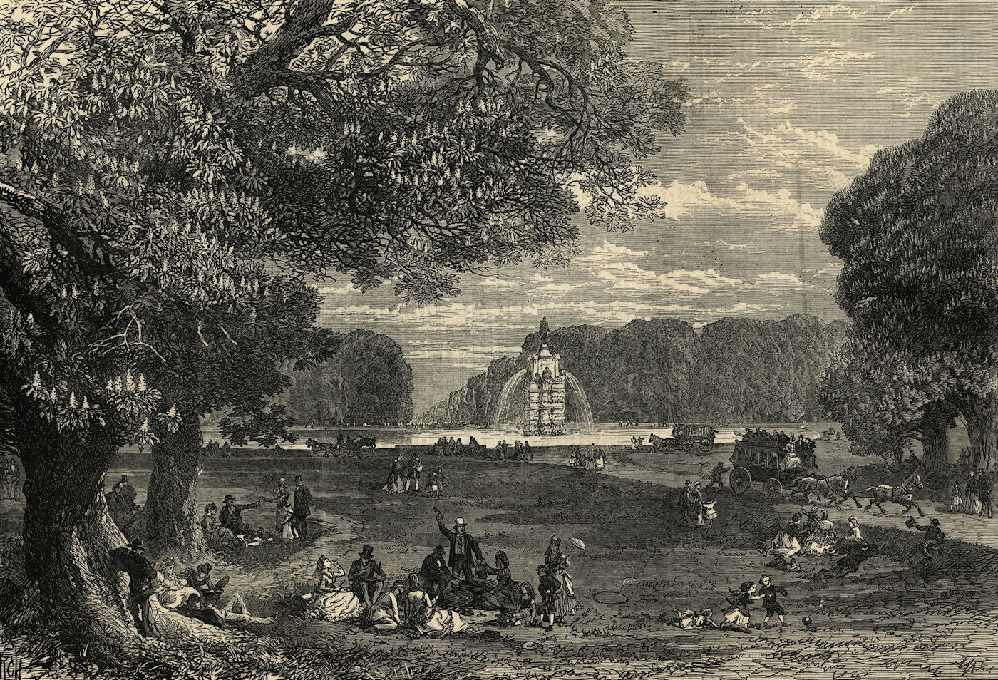 The Chestnut trees In Bushy Park. London 1871 old antique print picture